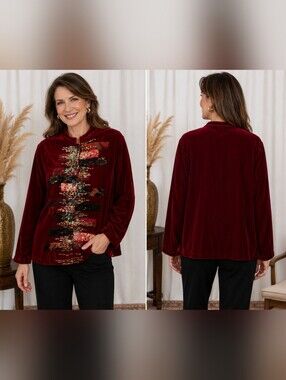 Vintage Chico’s Red Velvet Sequin Patchwork Jacket Silk Blend Sz L